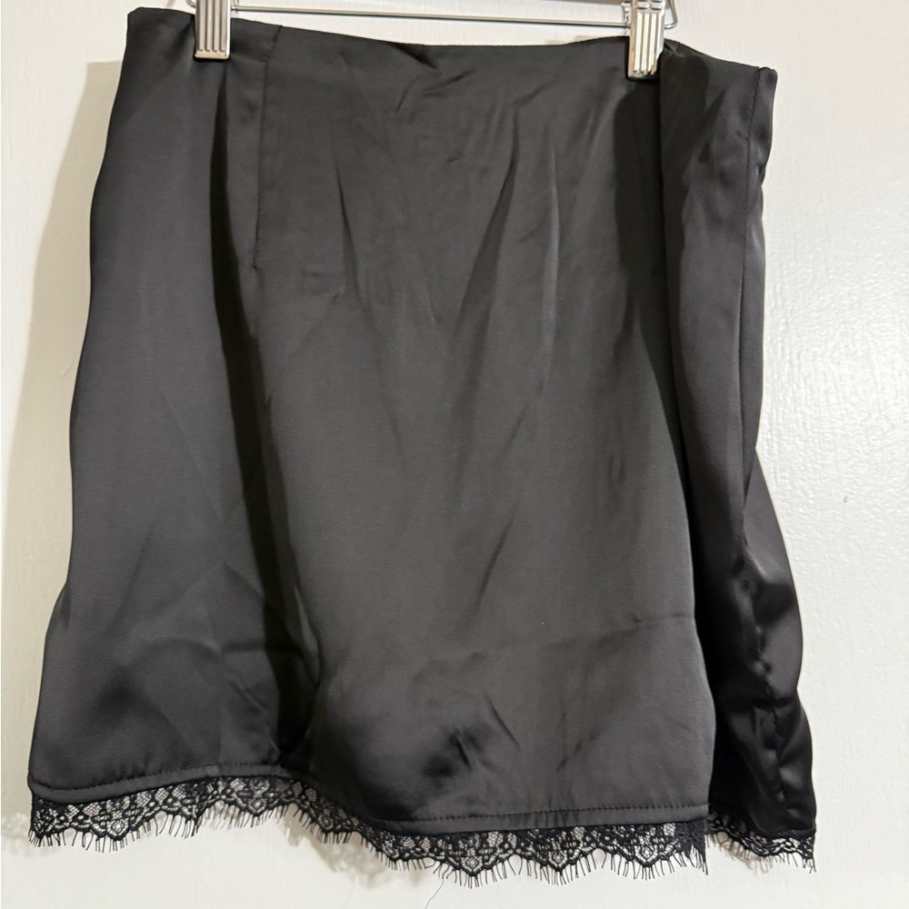 Black Satin Skirt with Lace Trim